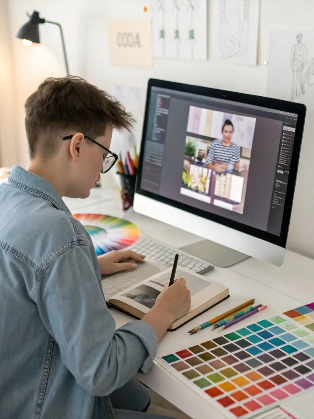 A designer working on a brand logo, with various design elements and color palettes displayed on a large monitor.