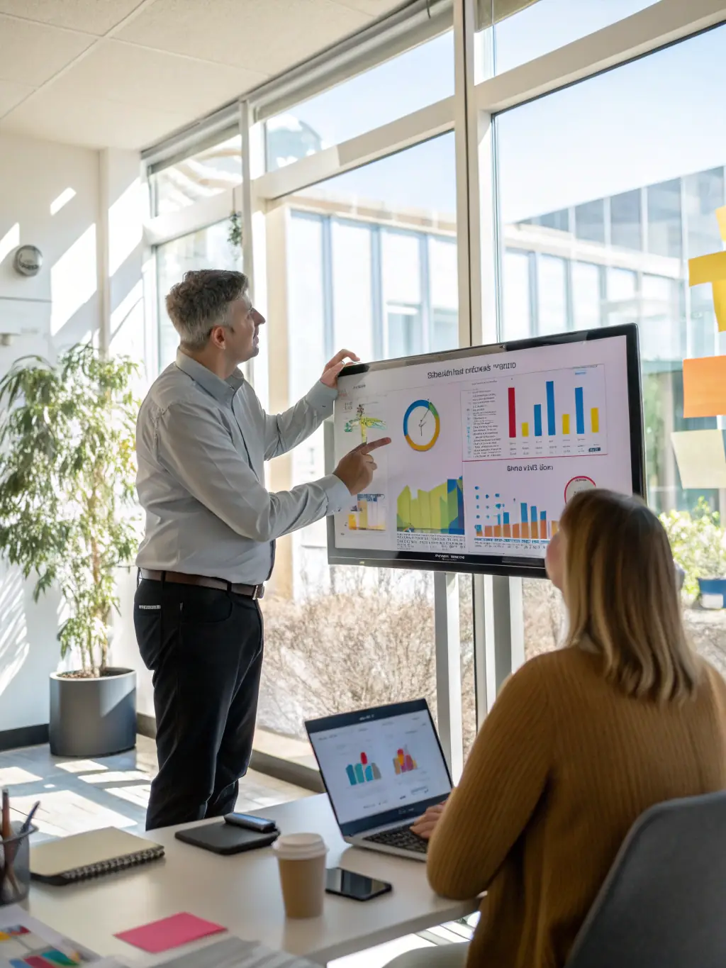 A consultant in a modern office setting, advising a client on marketing strategies, with charts and data visualizations in the background.